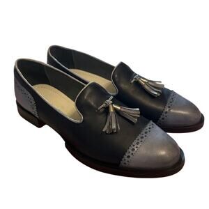 Women 40 Girotti Oxford Leather Flats Loafers Shoes Blue Navy Tassel Italy-Made